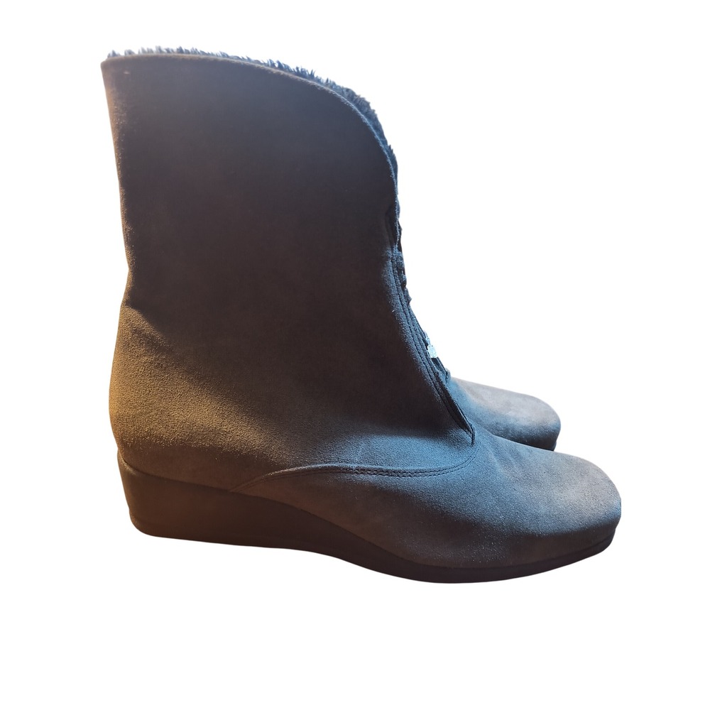 Canadienne Gray Suede Wedge Ankle Boots Faux Fur Trim Zip‎ Up Closure Women's